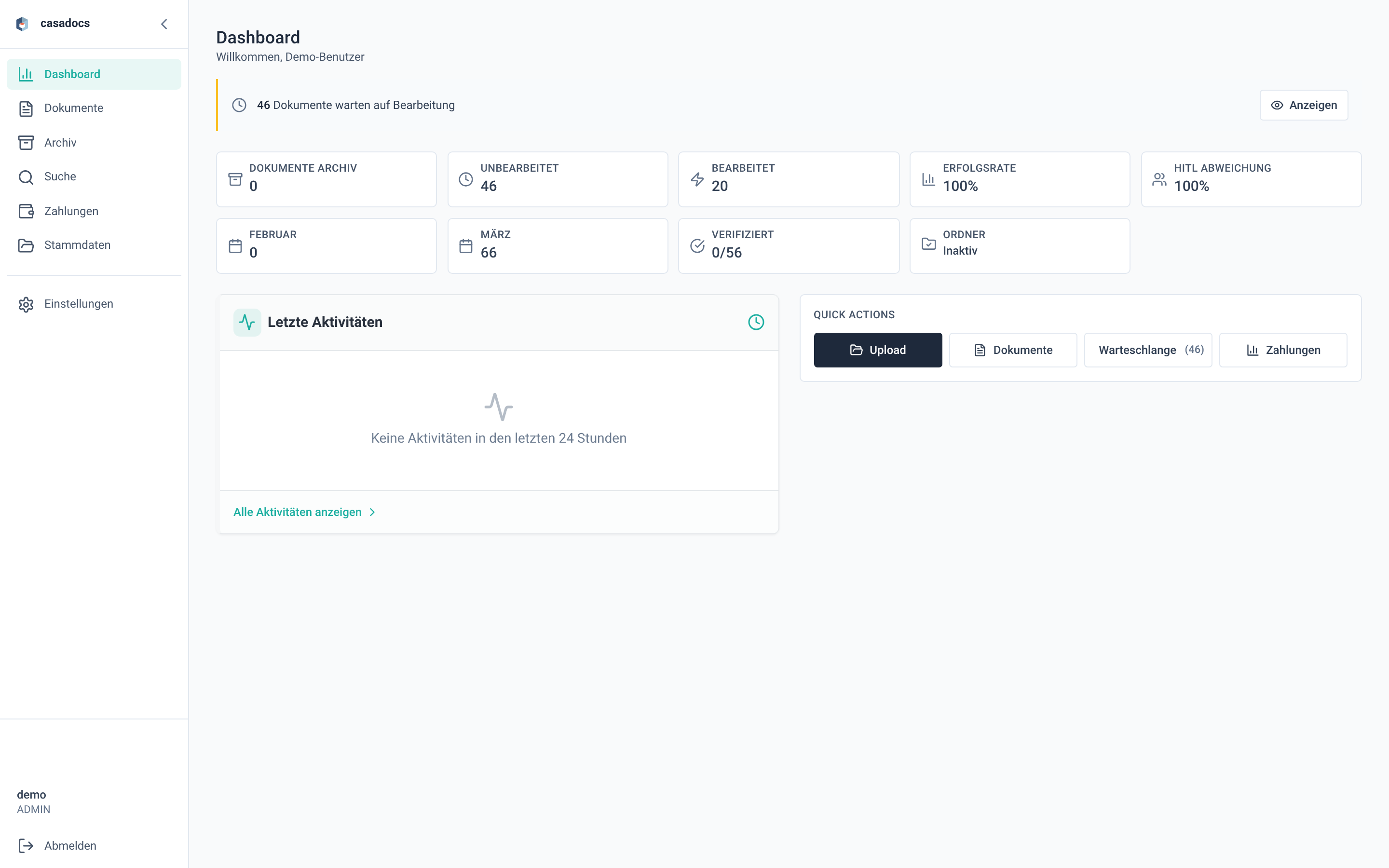 CasaDocs Dashboard mit Verarbeitungsstatistiken