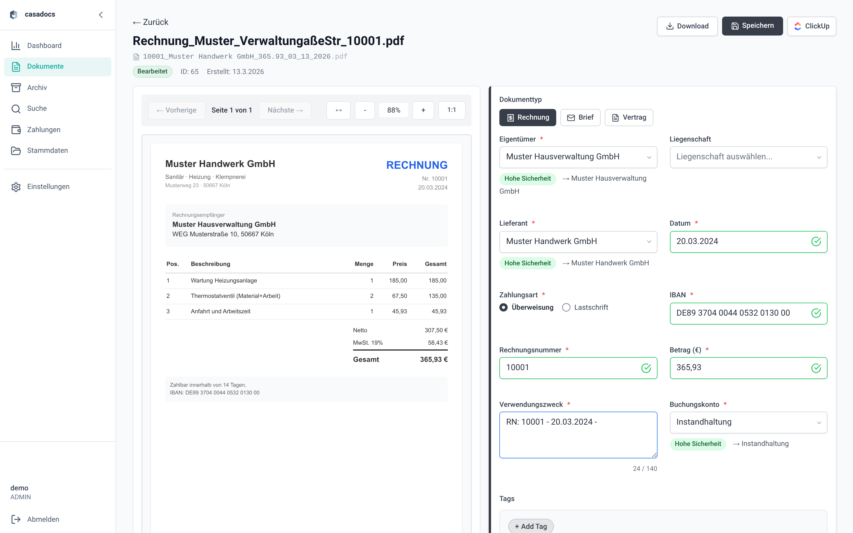 CasaDocs erkennt automatisch Absender, Betrag und Liegenschaft aus einer Rechnung